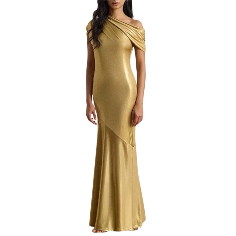 Lauren Ralph Lauren Gold Metallic Off The Shoulder Ball Gown Jersey Knit Size 14